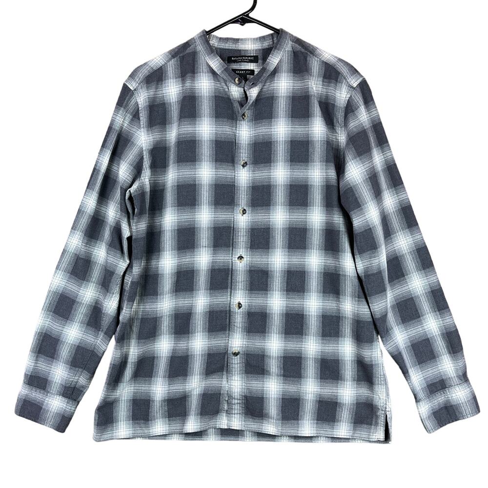 Banana Republic Mens Flannel Shirt Black Gray Plaid Grant Fit Button Down Large